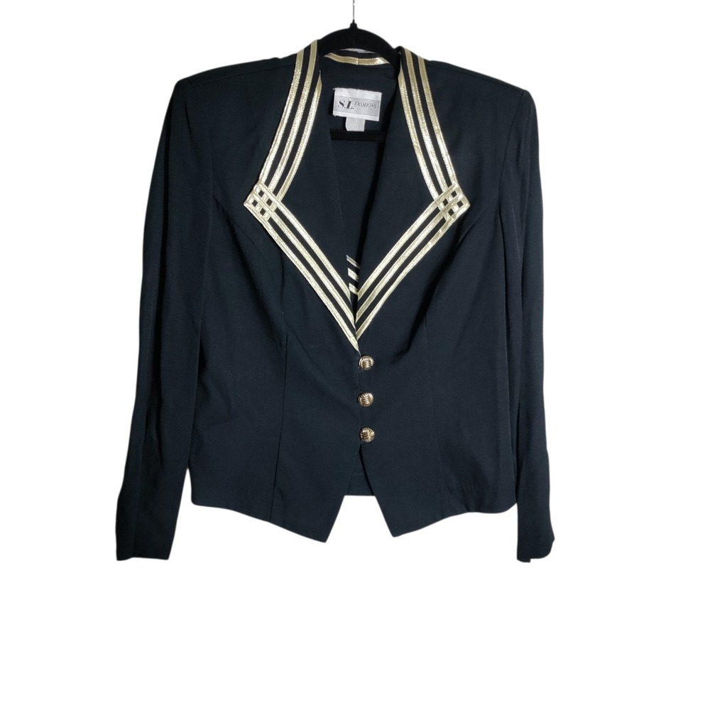 SL Fashions Vintage Black Gold Metallic Striped Blazer Jacket Size 14